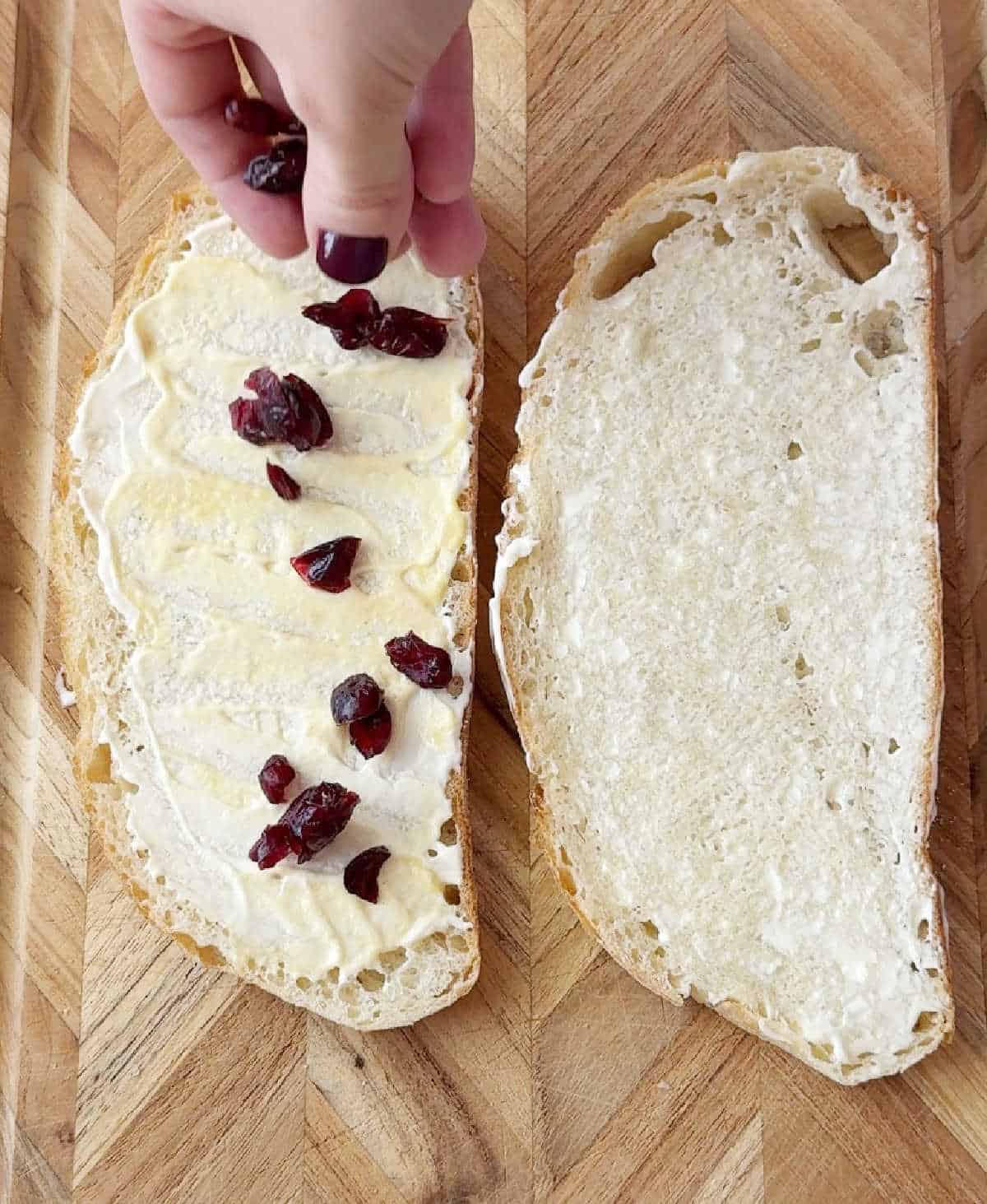adding dried cranberries over mayo.