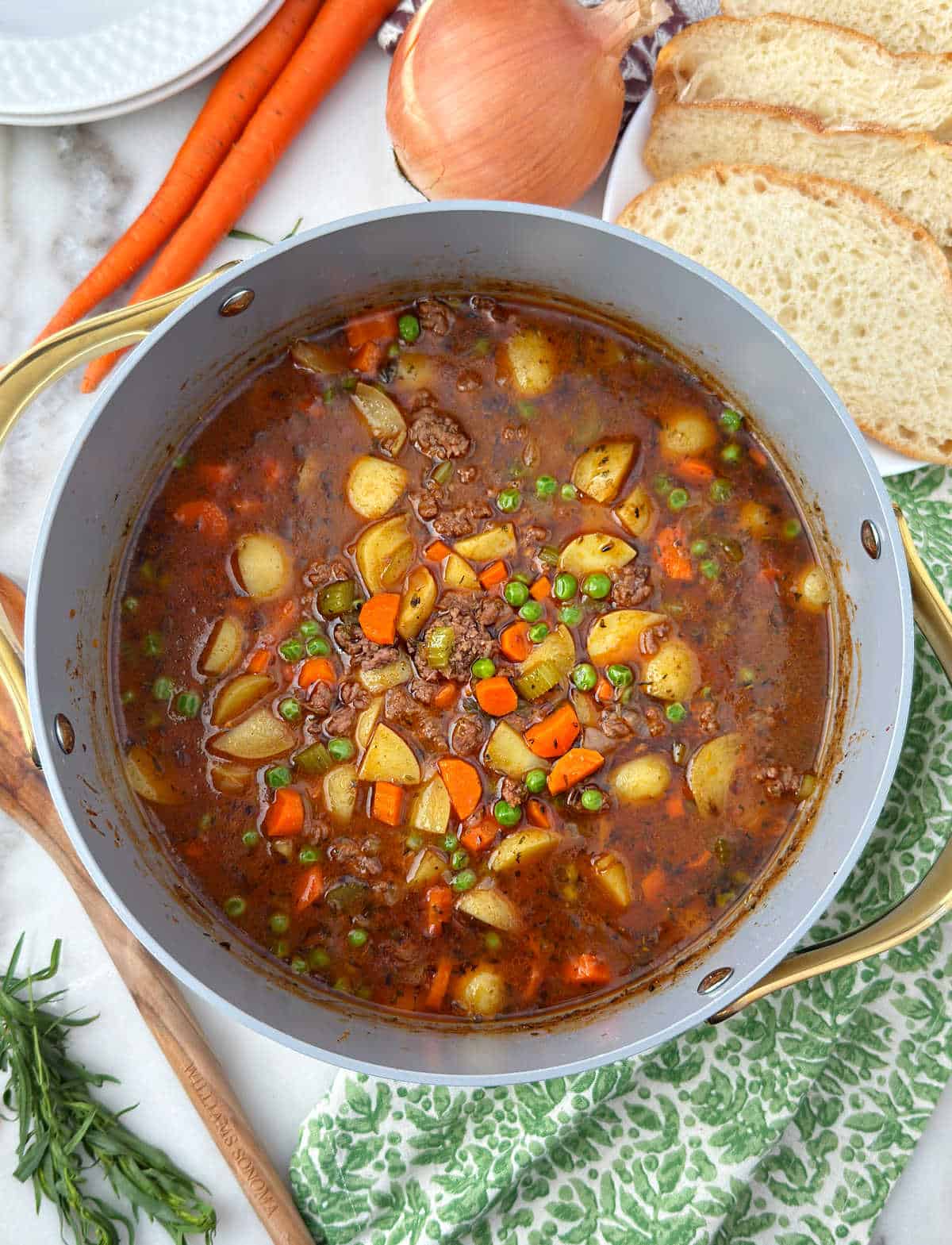 hamburger stew in Dutch oven.