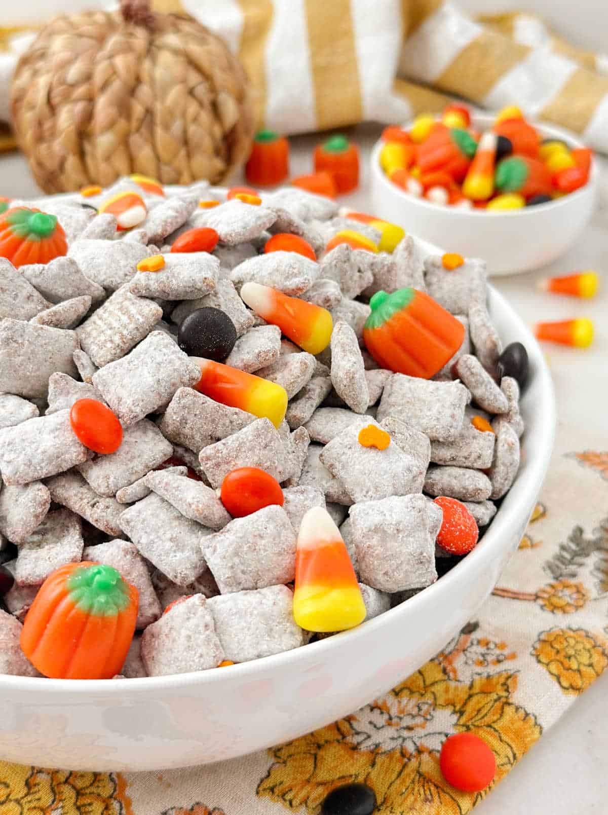 harvest puppy chow with fall candy in bowl.
