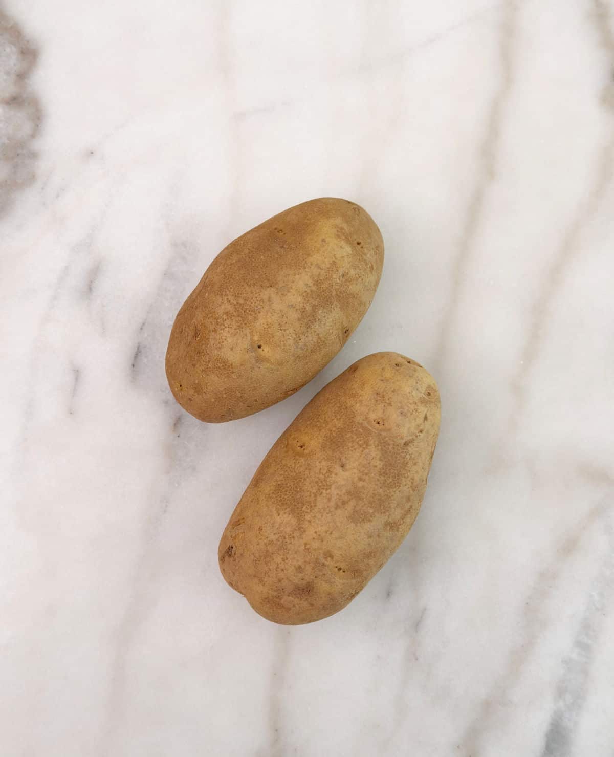 two russet potatoes on the counter.