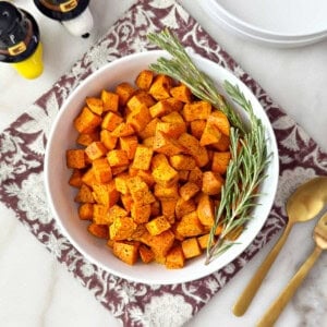 easy roasted sweet potatoes recipe in bowl.