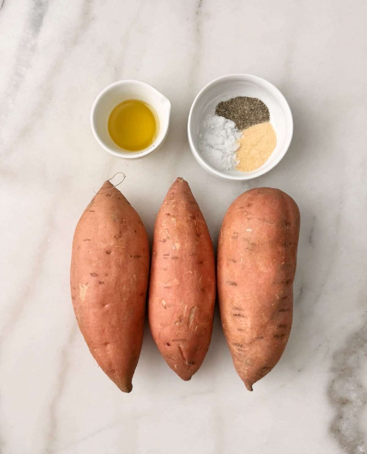 3 medium sweet potatoes, olive oil, seasonings.