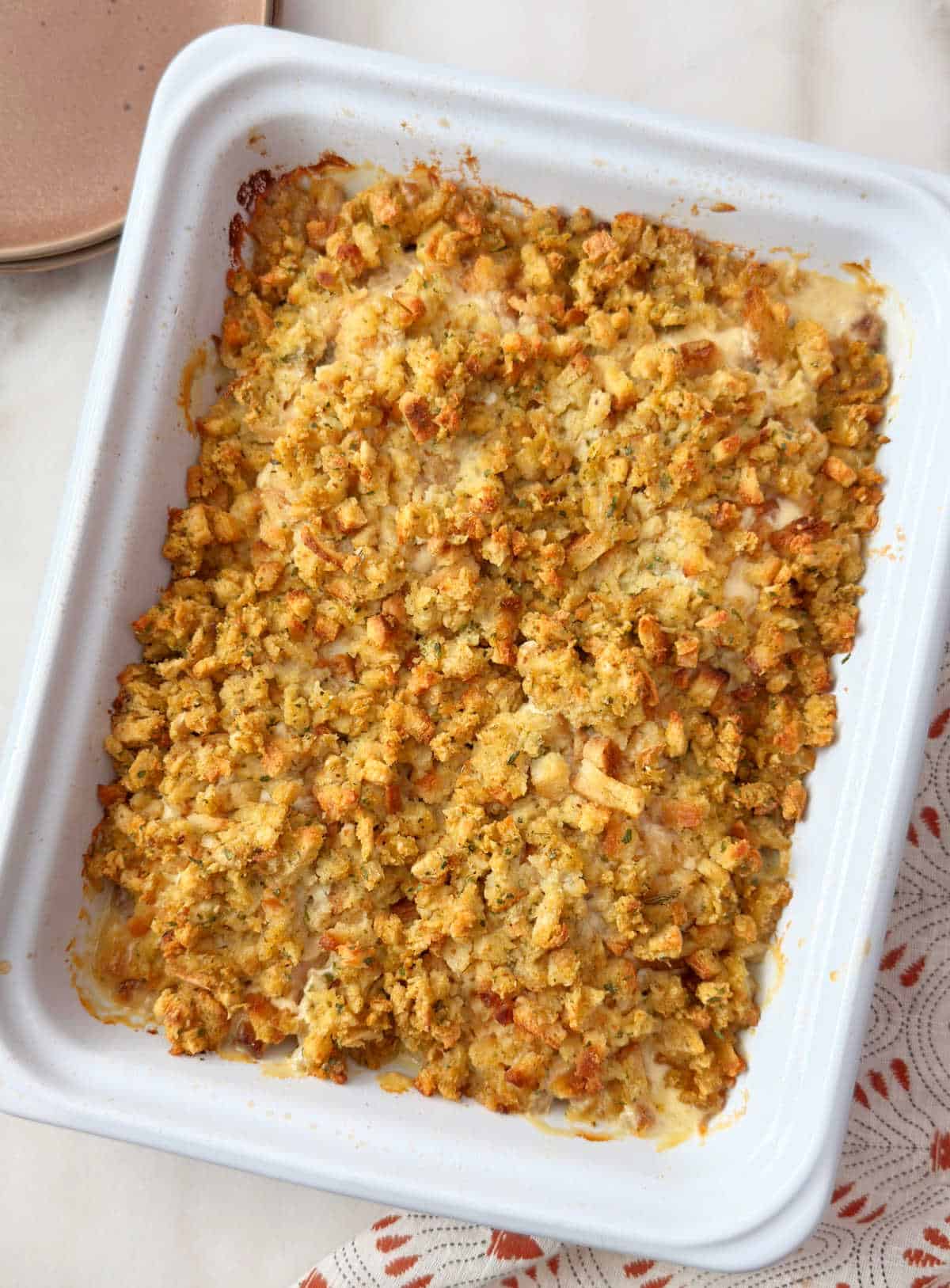 chicken stuffing bake in casserole dish.