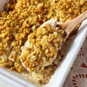 chicken stuffing bake recipe on spoon.
