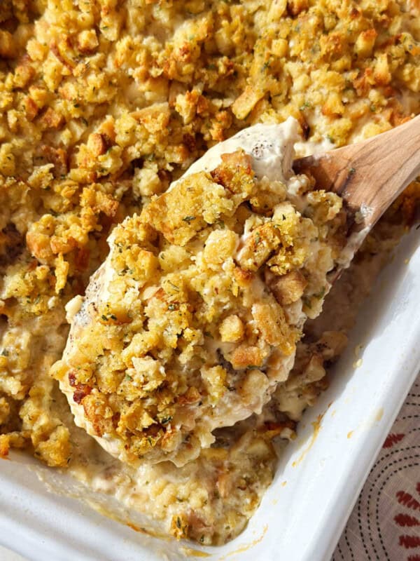 chicken stuffing bake recipe on spoon.