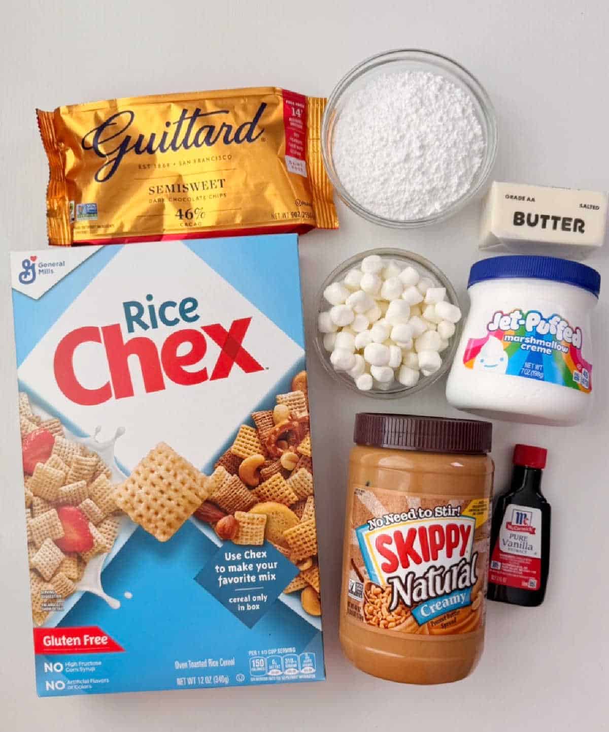 rice chex, chocolate chips, peanut butter, marshmallows, butter, vanilla, sugar.