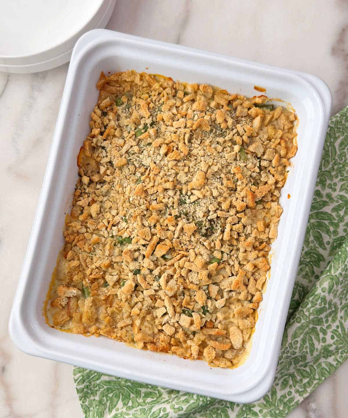 baked swiss chicken casserole in baking dish.