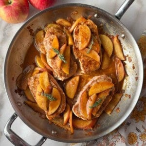 apple cider pork chops recipe in skillet.