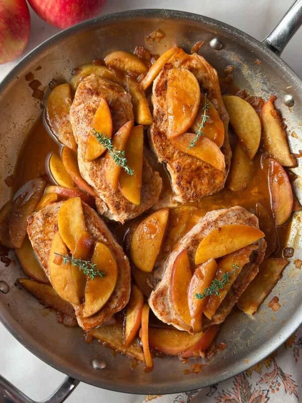 apple cider pork chops recipe in skillet.
