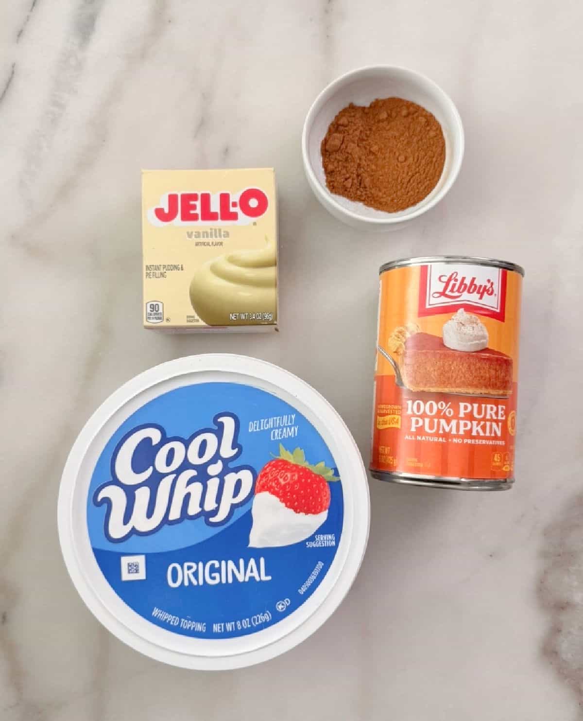 vanilla pudding mix, cool whip, pure pumpkin puree and pumpkin pie spice.
