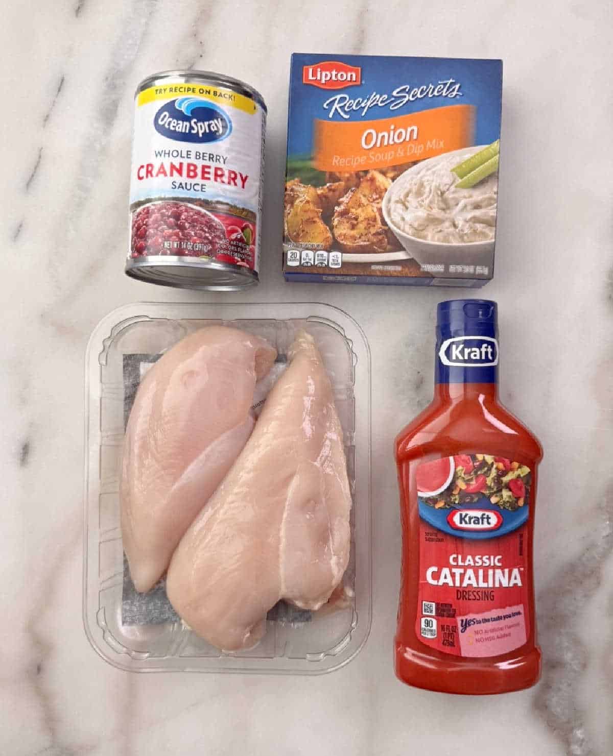 chicken breast, canned cranberry sauce, catalina dressing, lipton onion soup.